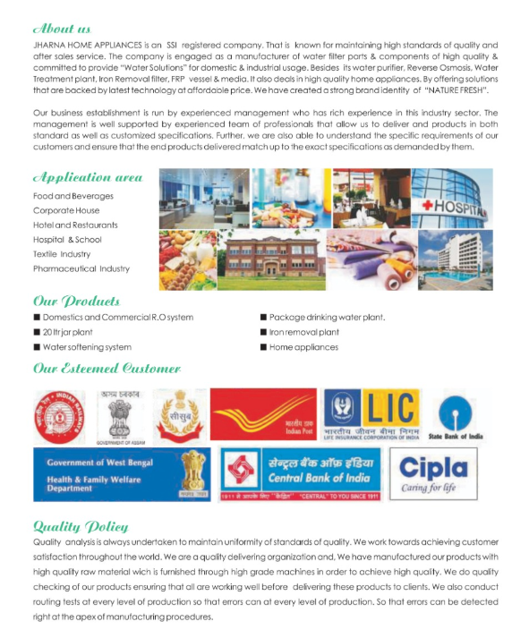 Jharna Home Appliances company profile, application areas, product categories, customer organizations and quality policy
